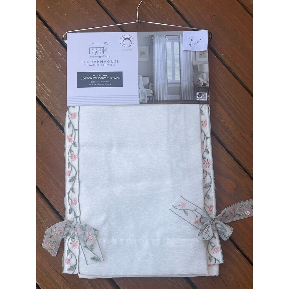 Rachel Ashwell the Farmhouse Floral Border Bow Drapes Window Curtains 37" x 84"